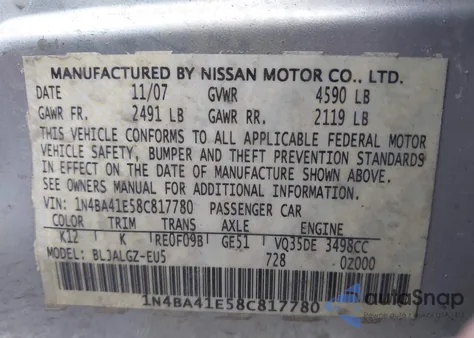 2008 Nissan Maxima 3.5 Sl z USA, uszkodzony, nr VIN 1N4BA41E58C817780